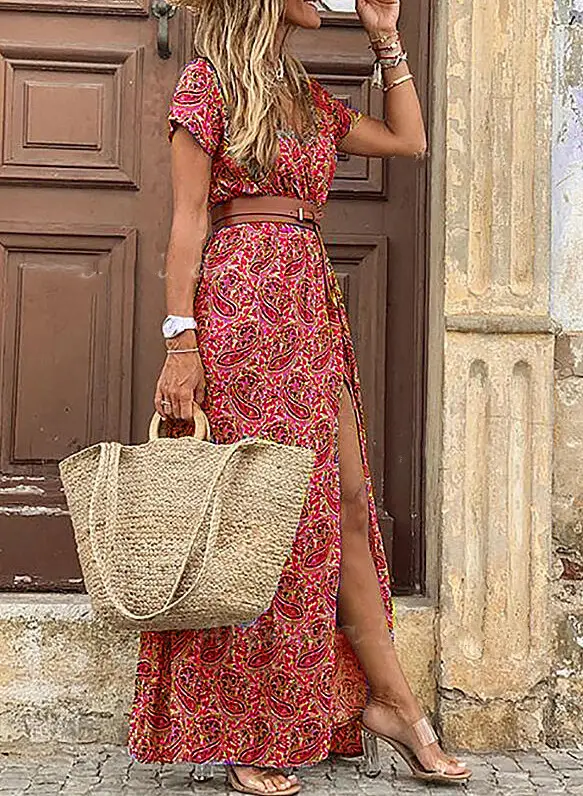 Bohemian Floral V Neck Dress for Women