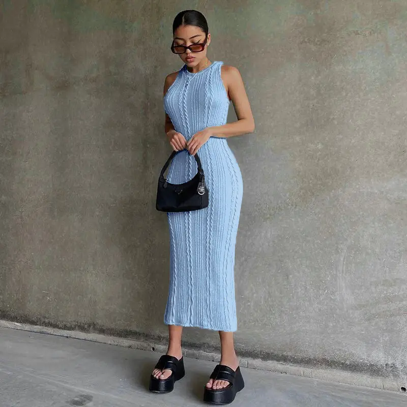 Light Blue Knitted Sleeveless Round Neck Dress for Women - Image 3