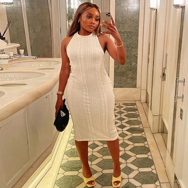 Light Blue Knitted Sleeveless Round Neck Dress for Women - Image 5