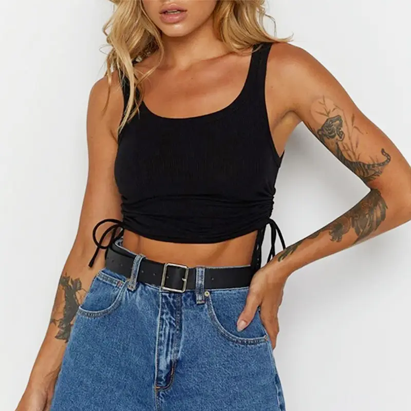 Black Ribbed Drawstring Top for Women - Image 8