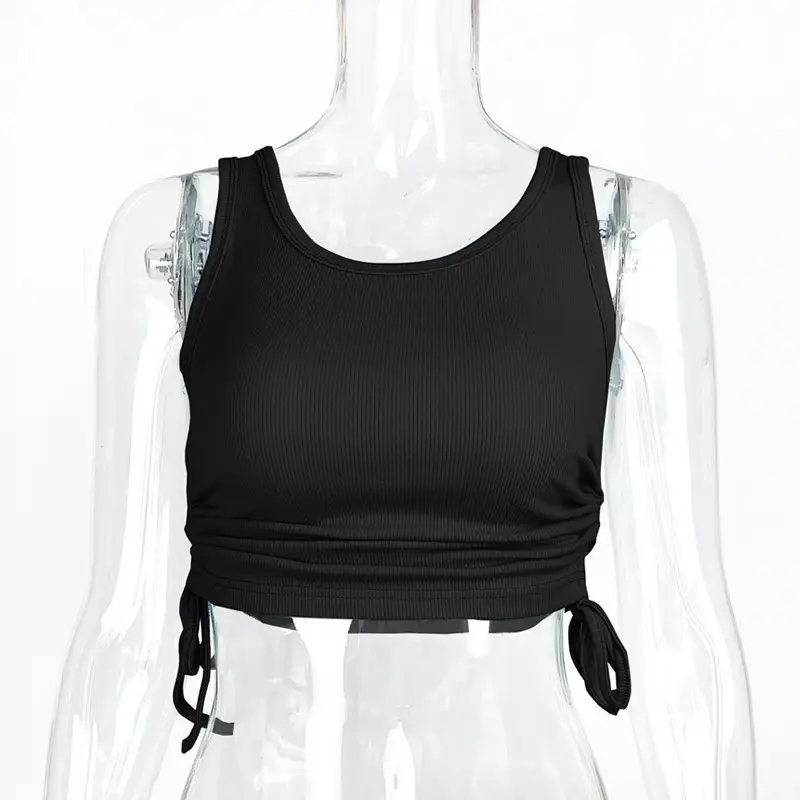 Black Ribbed Drawstring Top for Women - Image 3