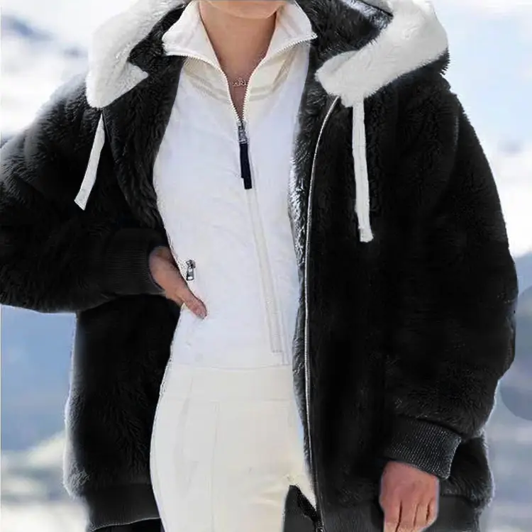 Women White Plush Zipper Hooded Jacket Winter Warm