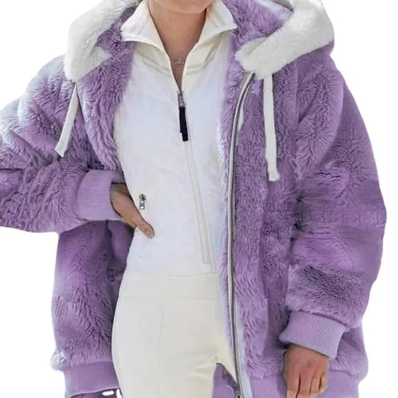 Women White Plush Zipper Hooded Jacket Winter Warm