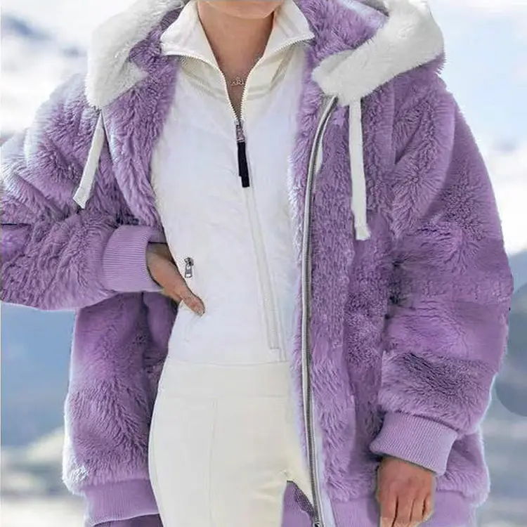 Women White Plush Zipper Hooded Jacket Winter Warm