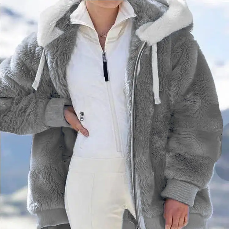 Women White Plush Zipper Hooded Jacket Winter Warm