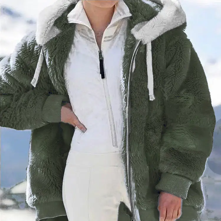 Women White Plush Zipper Hooded Jacket Winter Warm