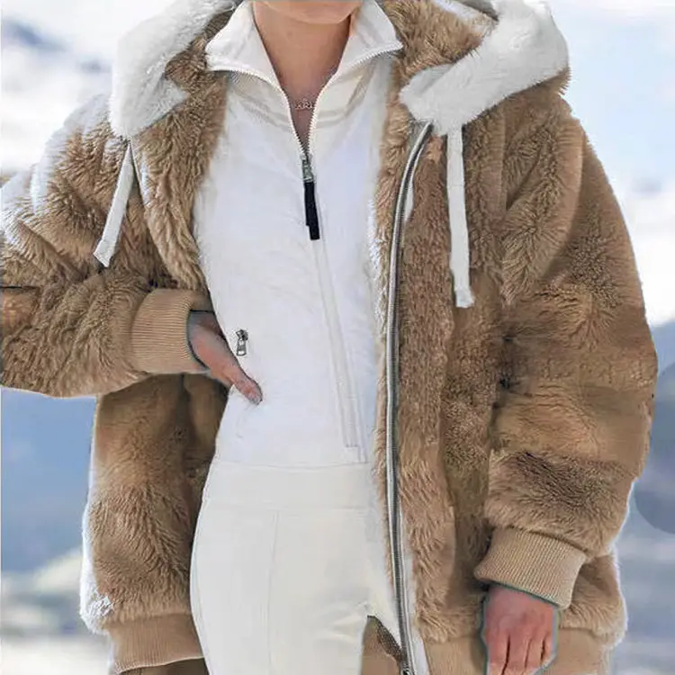 Women Zipper Hooded Jacket Black White Plush Warm Winter Coat - Image 2