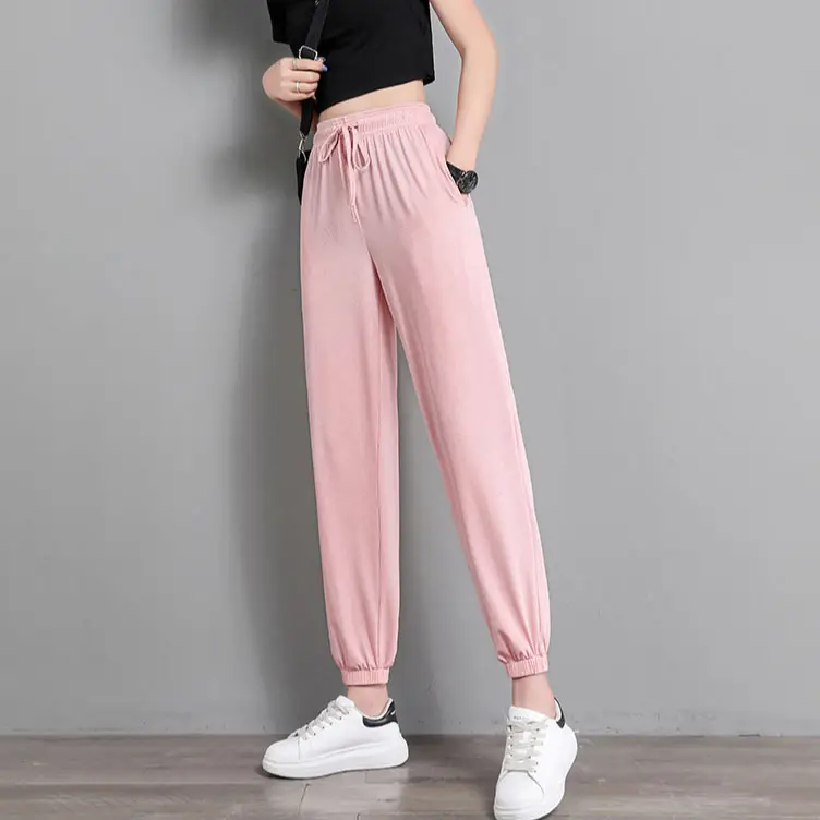 Women's Blue Ice Silk Joggers High Waist Loose Fit