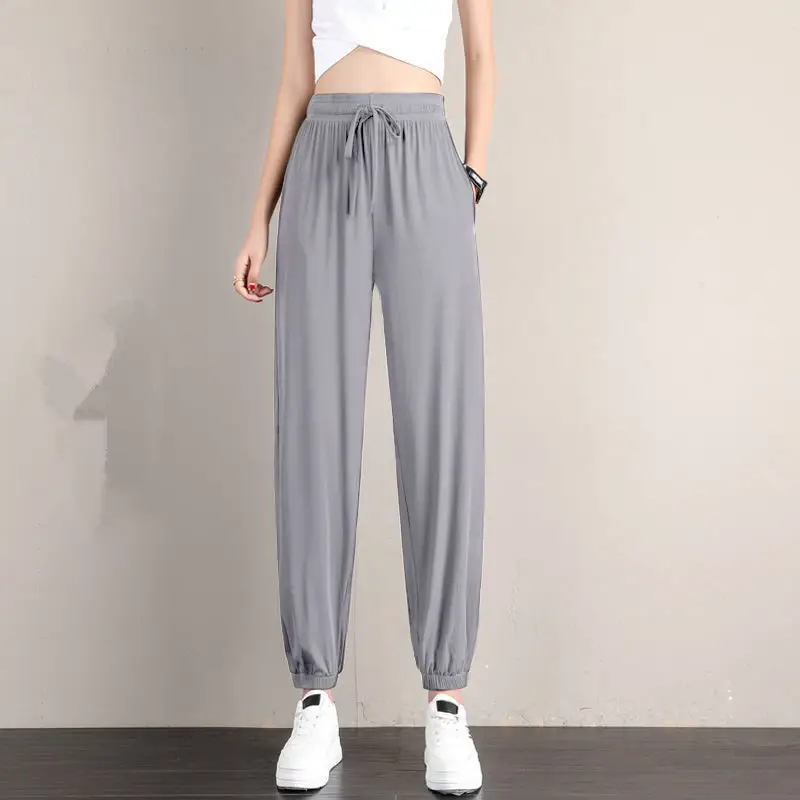 Women's Blue Ice Silk Joggers High Waist Loose Fit