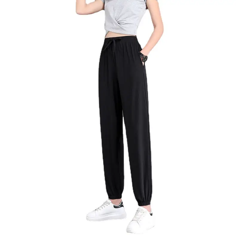 Women's Blue Ice Silk Joggers High Waist Loose Fit