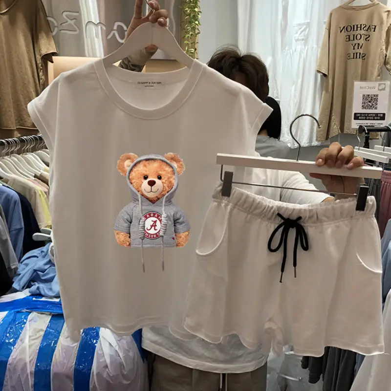 Women 2Pc Bear Print White Shorts Set - Image 14