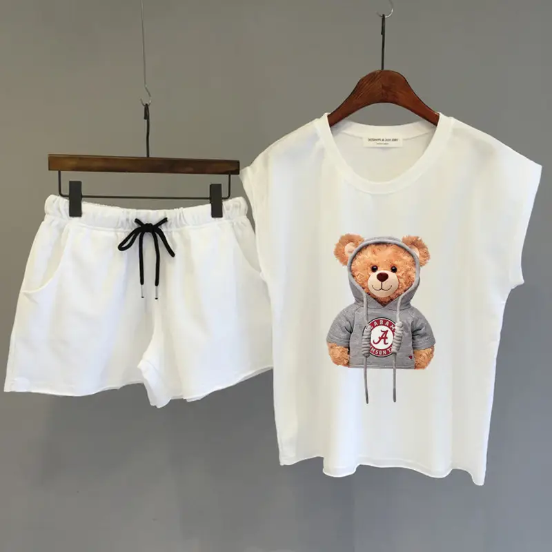Women 2Pc Bear Print White Shorts Set - Image 15