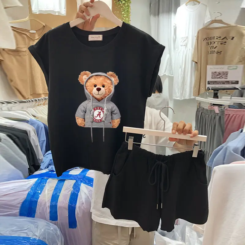Women 2Pc Bear Print White Shorts Set - Image 16