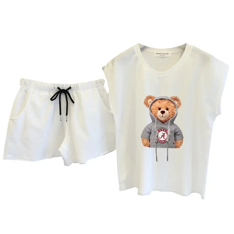 Women 2Pc Bear Print White Shorts Set - Image 17