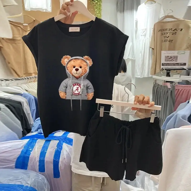 Women 2Pc Bear Print White Shorts Set - Image 11