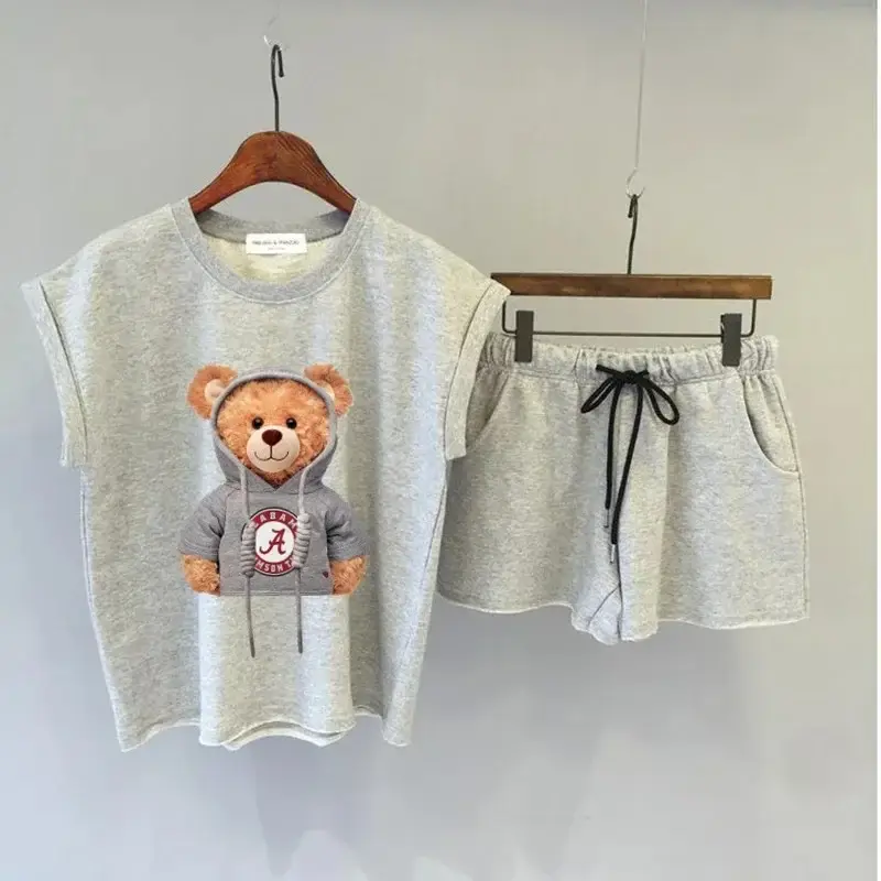 Women 2Pc Bear Print White Shorts Set - Image 5