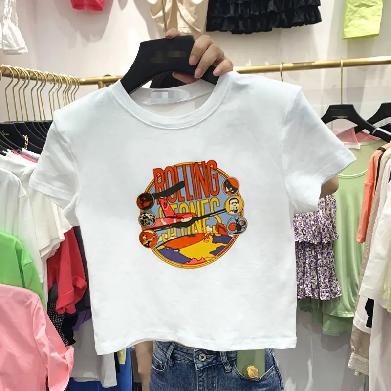 Women's White Short Sleeve T-Shirt High Waist Navel Baring Summer 2023 - Image 2