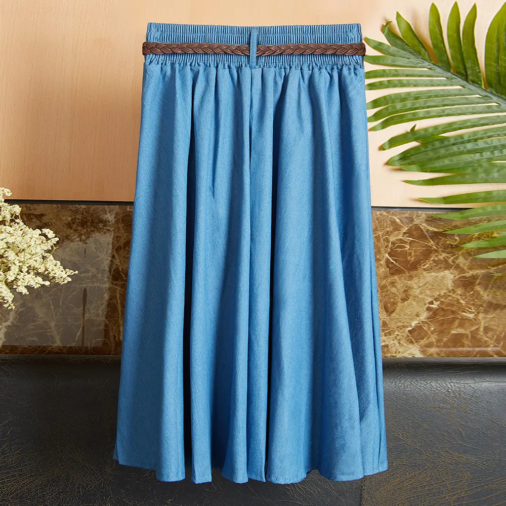 Blue Denim Long Midi Skirt with Belt for Women