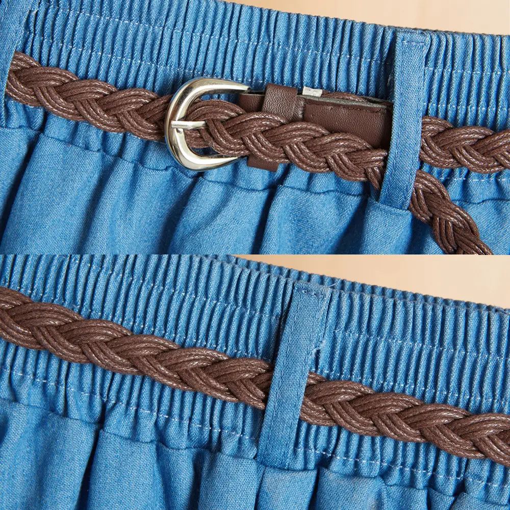 Blue Denim Long Midi Skirt with Belt for Women