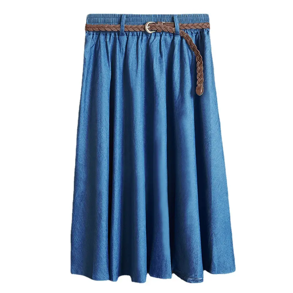 Blue Denim Long Midi Skirt with Belt for Women