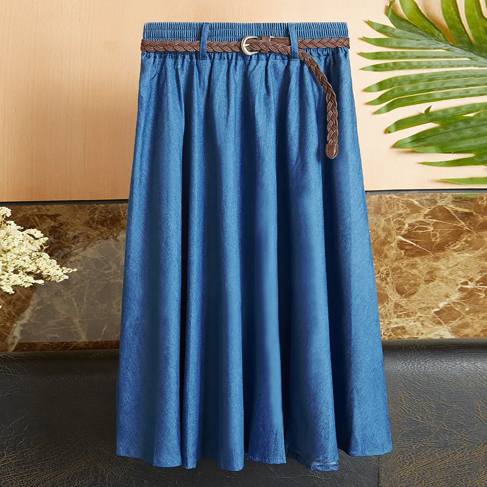 Blue Denim Long Midi Skirt with Belt for Women
