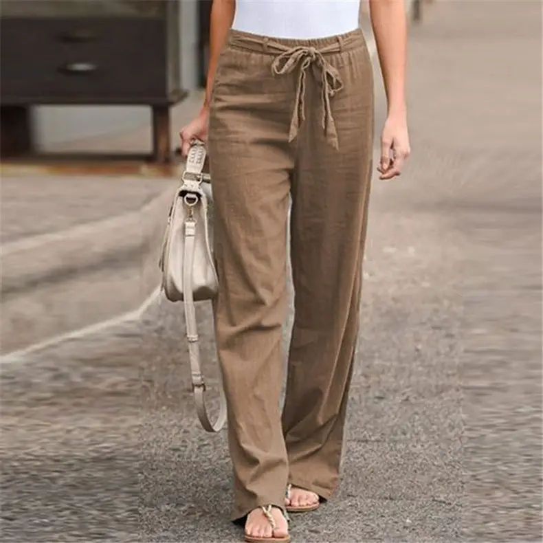 2025 Women's Elastic Waist Wide Leg Pants White Cotton Linen - Image 2