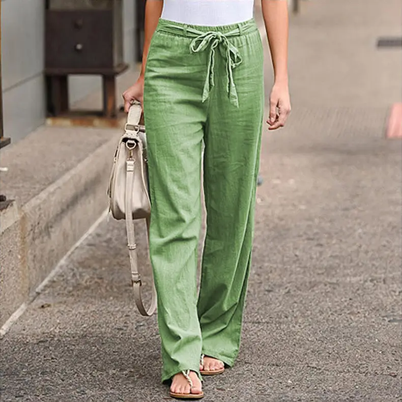 2025 Women's Elastic Waist Wide Leg Pants White Cotton Linen - Image 3