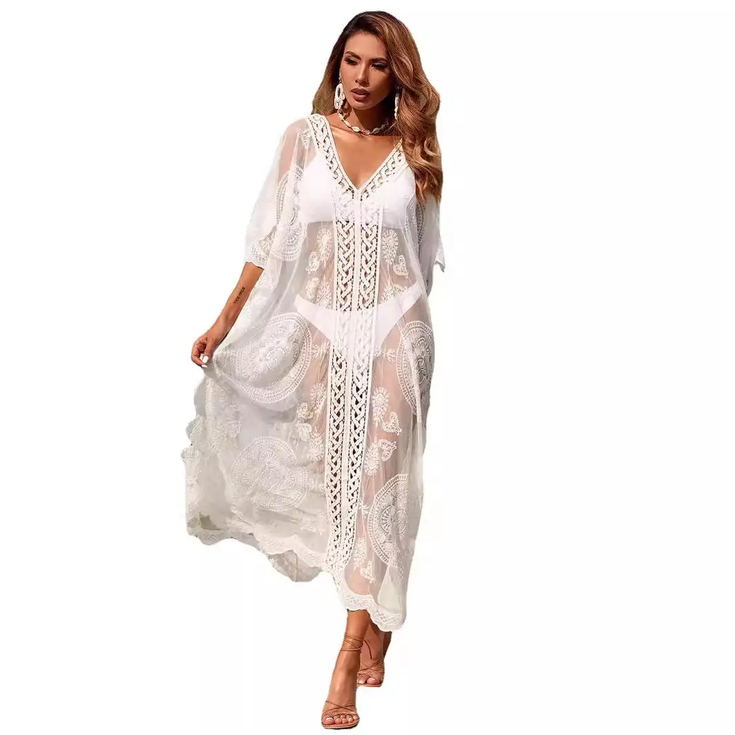 White Water-Soluble Embroidered Loose Blouse Skirt Set for Women - Image 7