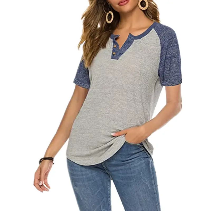 Women V-Neck Loose Button T-Shirt Grey Blue Short Sleeve
