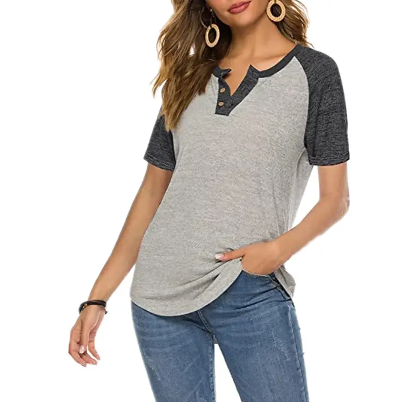 Women V-Neck Loose Button T-Shirt Grey Blue Short Sleeve