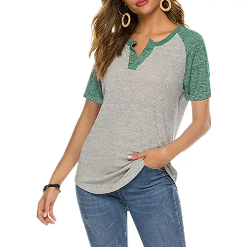 Women V-Neck Loose Button T-Shirt Grey Blue Short Sleeve