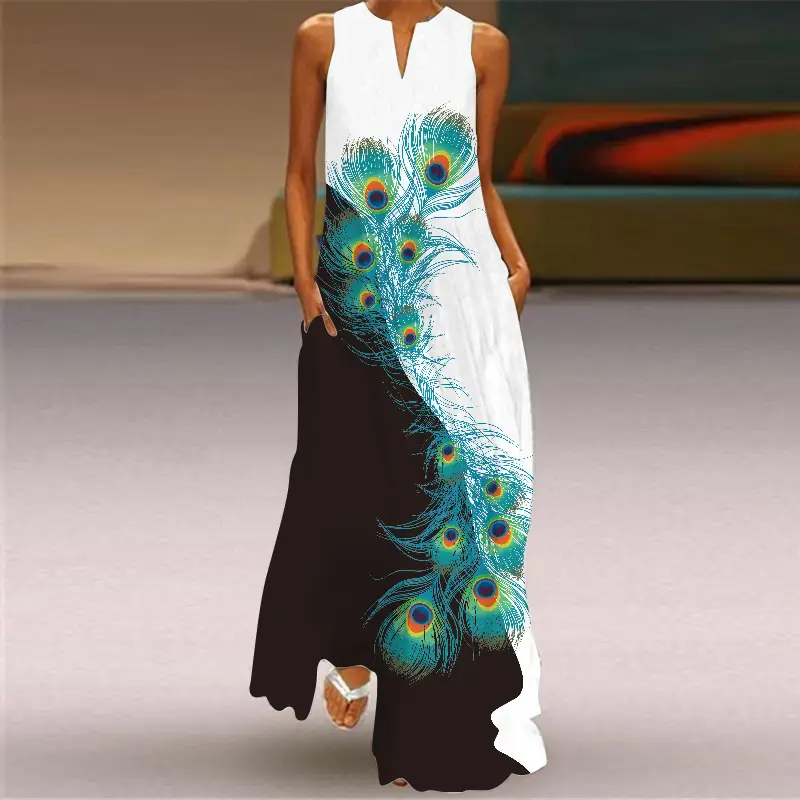 Women's V-Neck Printed Sleeveless Dress Black White - Image 30