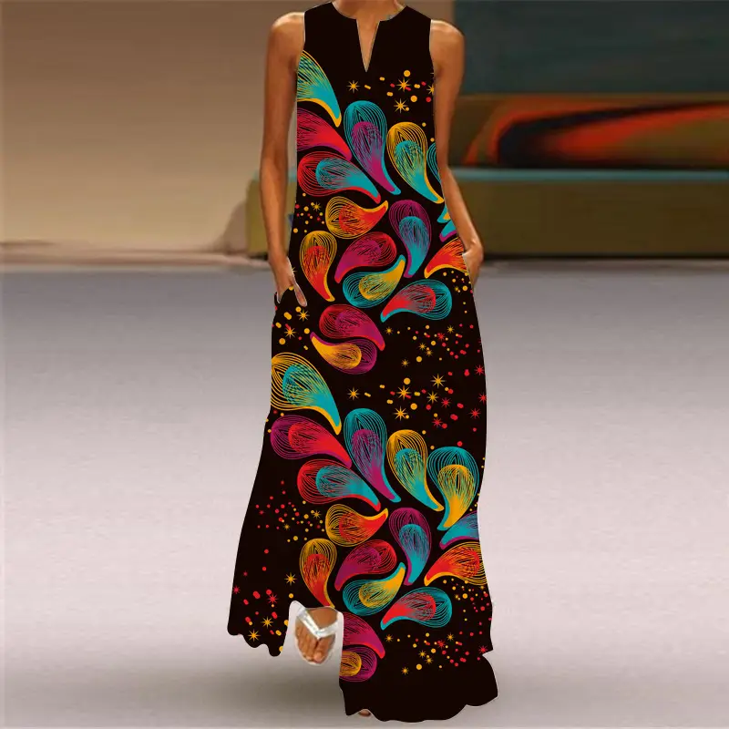 Women's V-Neck Printed Sleeveless Dress Black White - Image 28