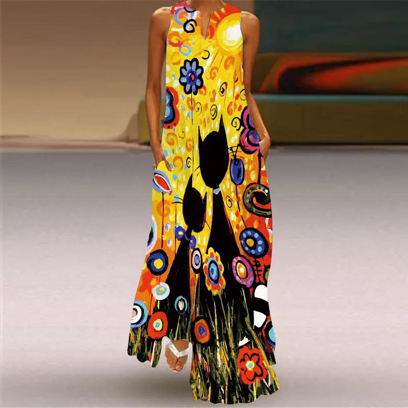 Women's V-Neck Printed Sleeveless Dress Black White - Image 26