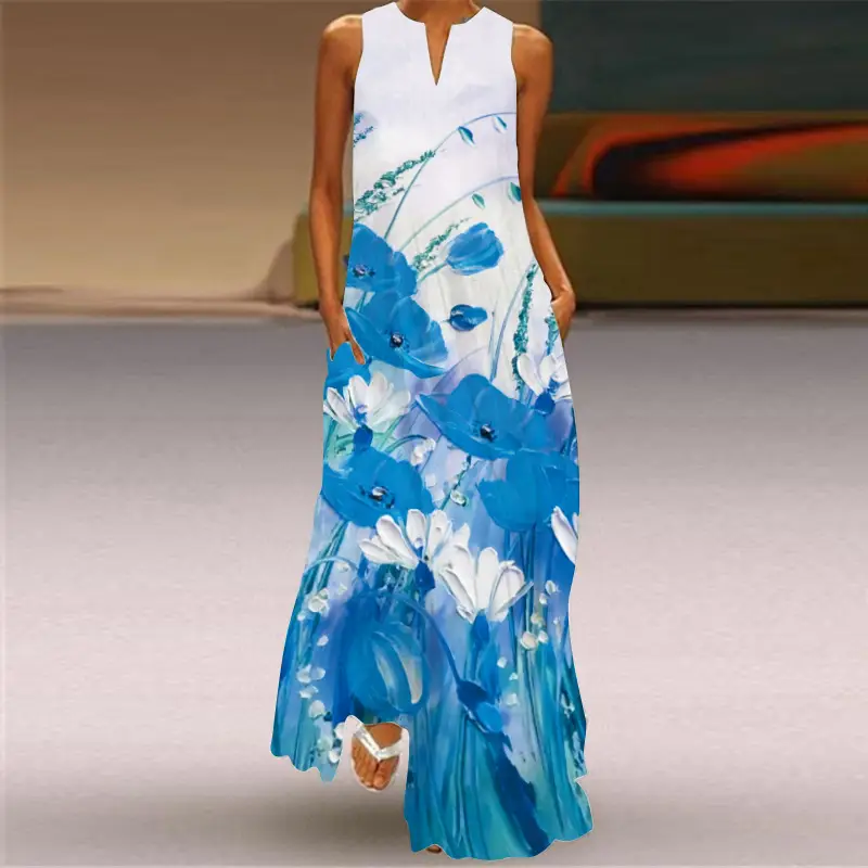 Women's V-Neck Printed Sleeveless Dress Black White - Image 10