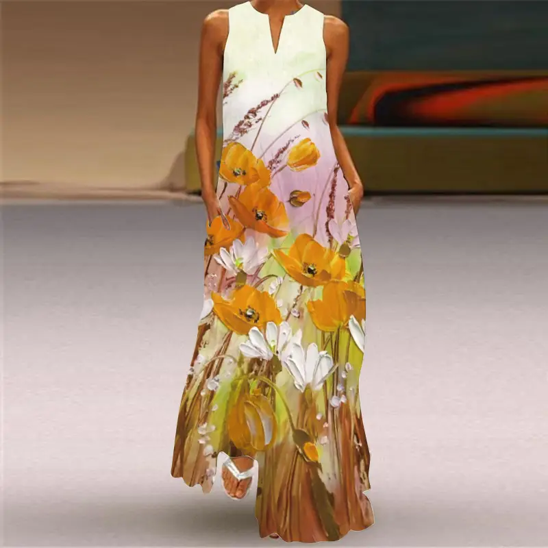 Women's V-Neck Printed Sleeveless Dress Black White - Image 11