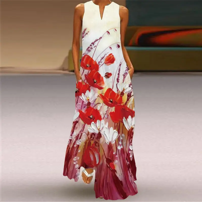 Women's V-Neck Printed Sleeveless Dress Black White - Image 12