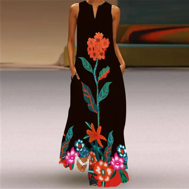 Women's V-Neck Printed Sleeveless Dress Black White - Image 13