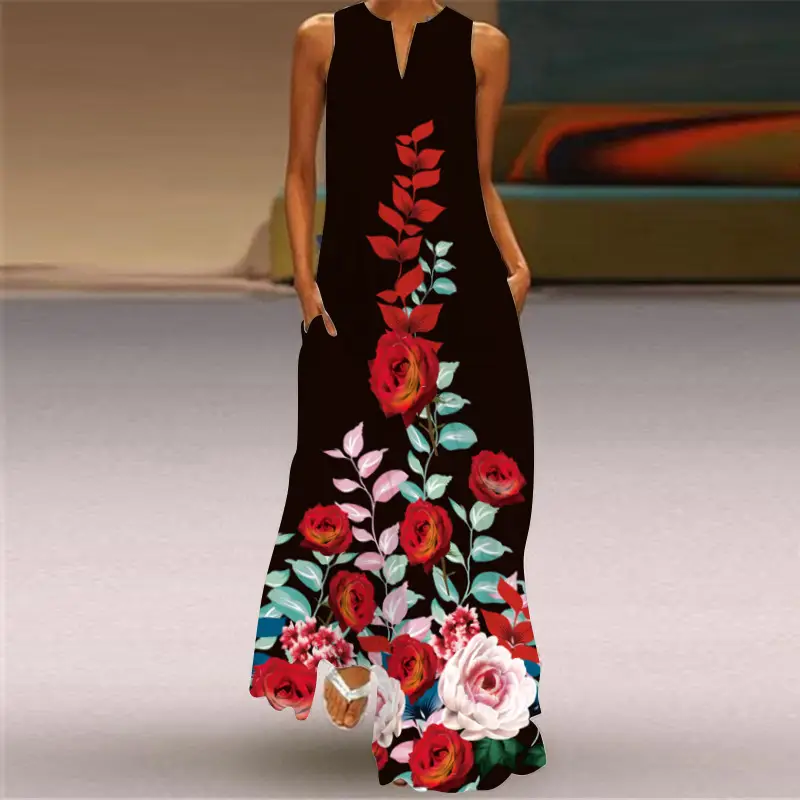 Women's V-Neck Printed Sleeveless Dress Black White - Image 14