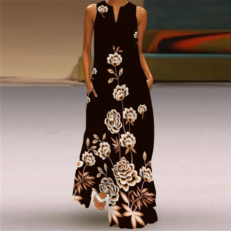 Women's V-Neck Printed Sleeveless Dress Black White - Image 15