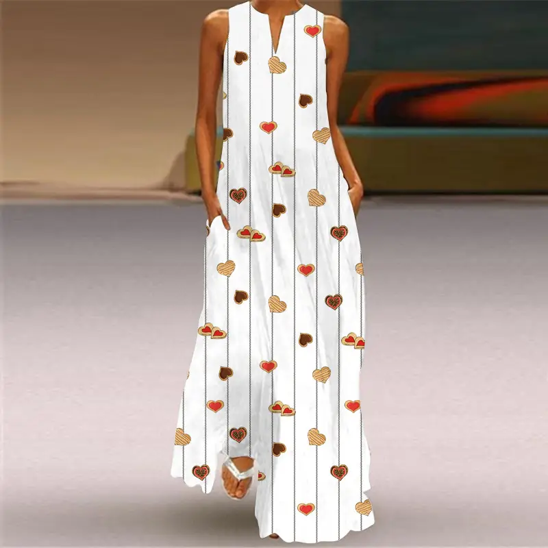 Women's V-Neck Printed Sleeveless Dress Black White - Image 17