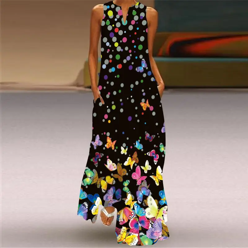Women's V-Neck Printed Sleeveless Dress Black White - Image 2