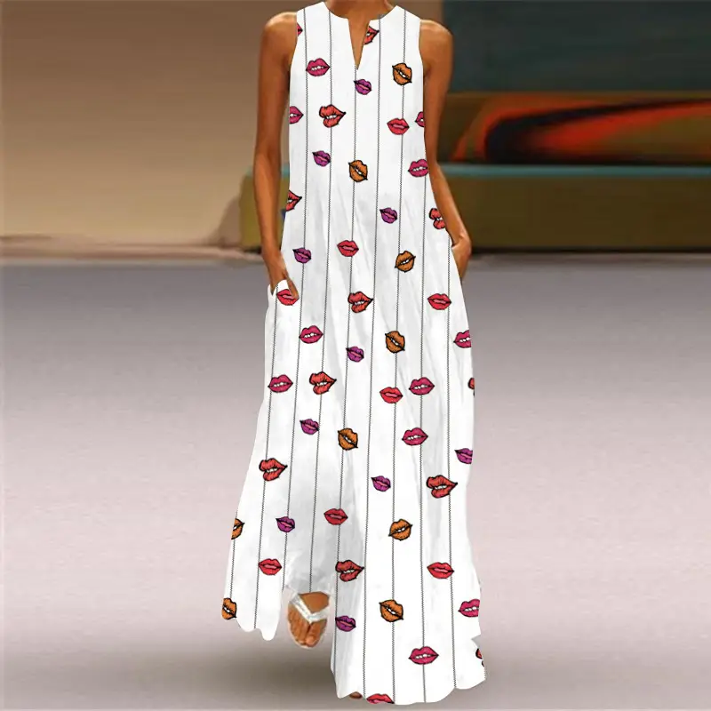 Women's V-Neck Printed Sleeveless Dress Black White - Image 21