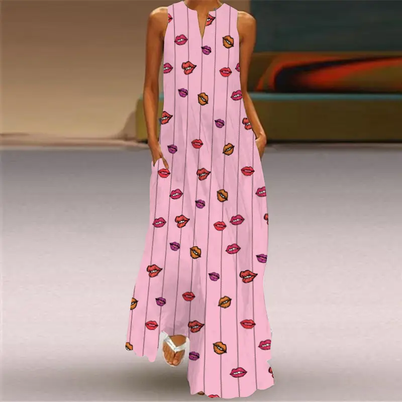 Women's V-Neck Printed Sleeveless Dress Black White - Image 22