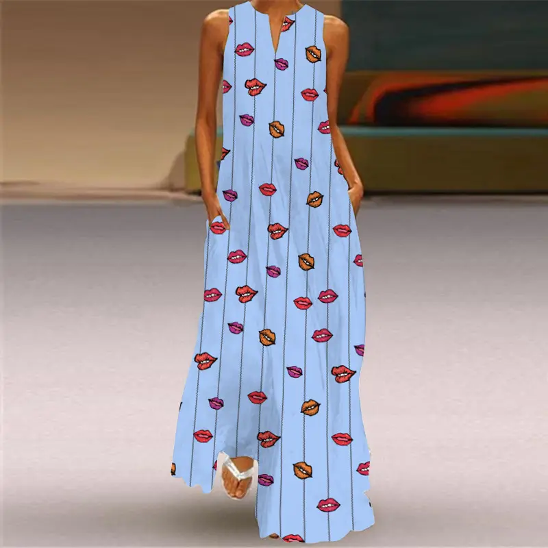 Women's V-Neck Printed Sleeveless Dress Black White - Image 23