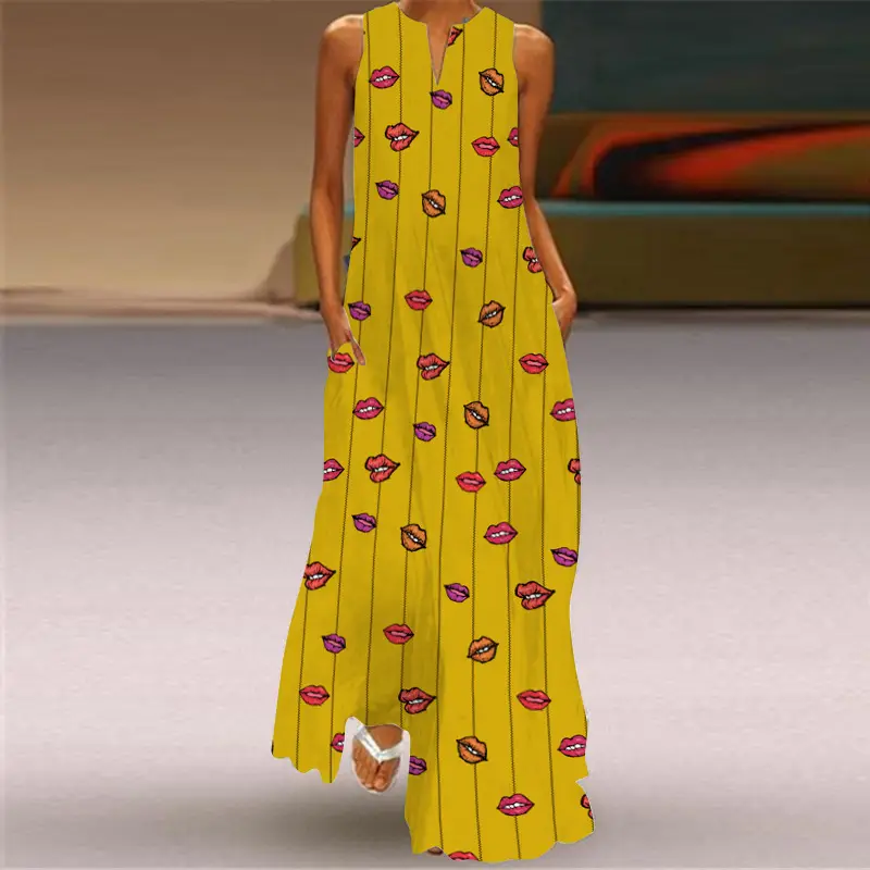 Women's V-Neck Printed Sleeveless Dress Black White - Image 24