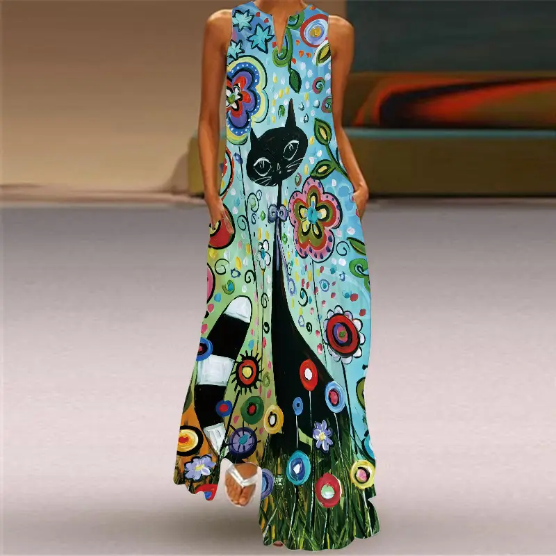 Women's V-Neck Printed Sleeveless Dress Black White - Image 25
