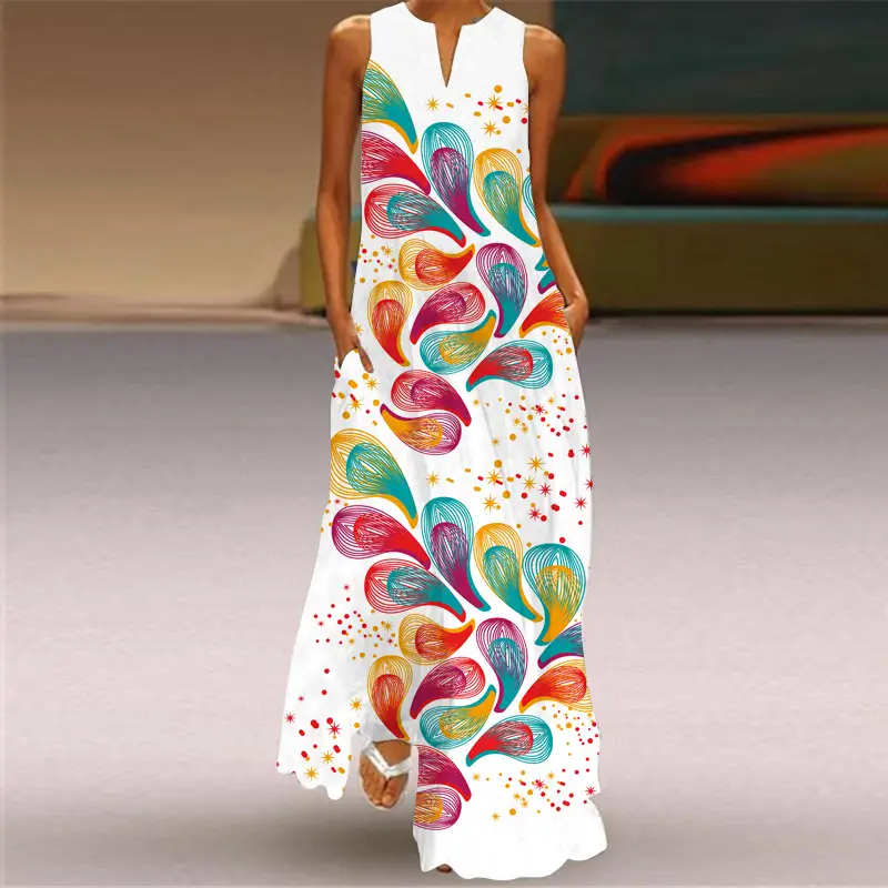 Women's V-Neck Printed Sleeveless Dress Black White - Image 27
