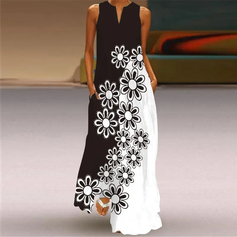 Women's V-Neck Printed Sleeveless Dress Black White - Image 29