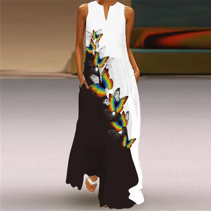 Women's V-Neck Printed Sleeveless Dress Black White - Image 31